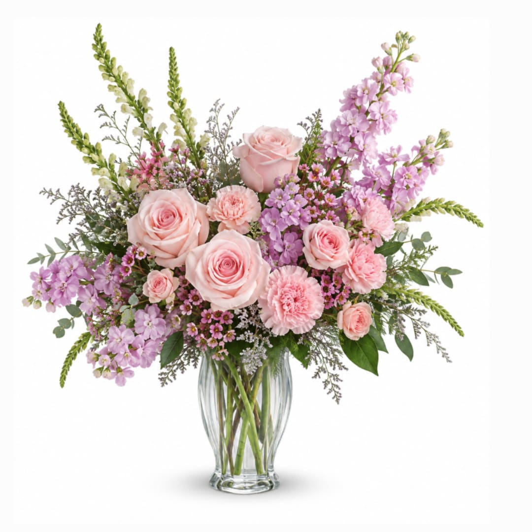 Pink roses and carnations in a clear glass vase with lavender flowers