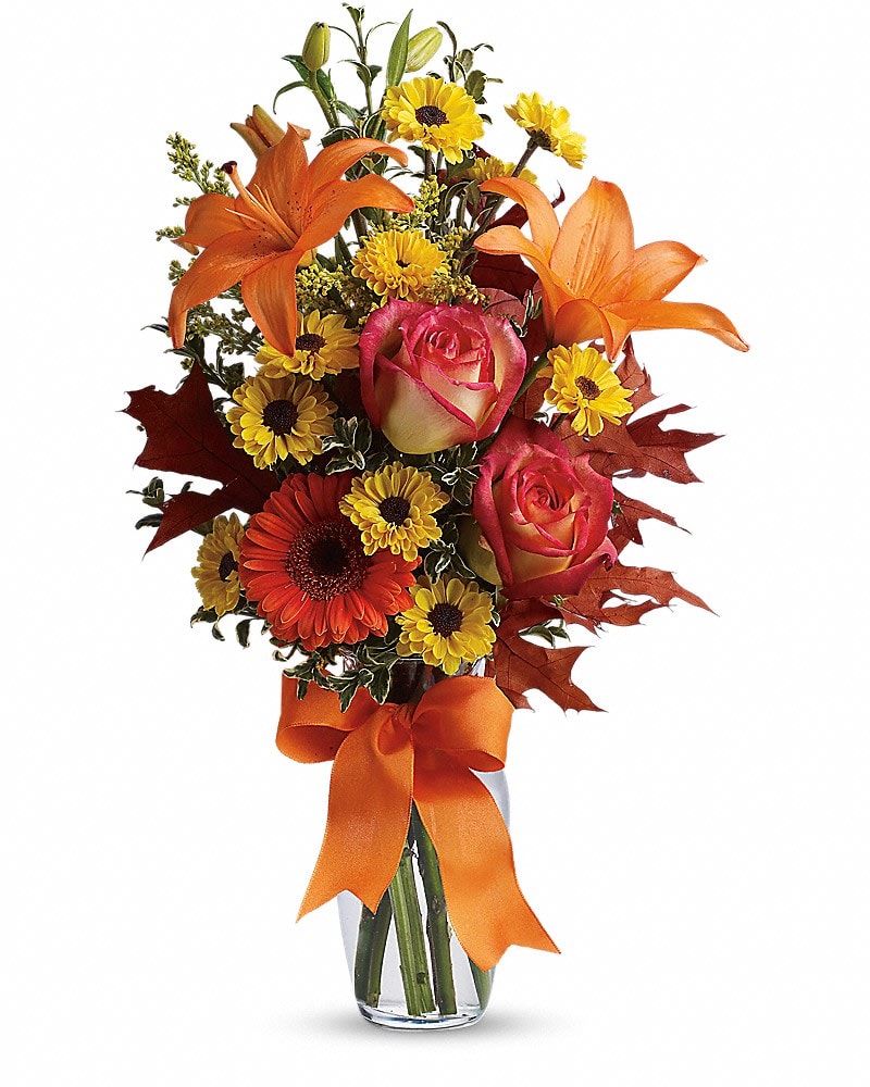 Burst of Autumn - A burst of beauteous blooms in autumn shades of orange and yellow is mixed with a handful of oak leaves, then delivered in a clear glass vase adorned with a bright satin ribbon. A splendid gift for birthdays or any fall occasion. A mix of fresh flowers such as Asiatic lilies, Viking spray chrysanthemums, roses and a miniature gerbera - in shades of orange and yellow - is arranged with preserved oak leaves in a clear glass vase adorned with an orange satin ribbon.
