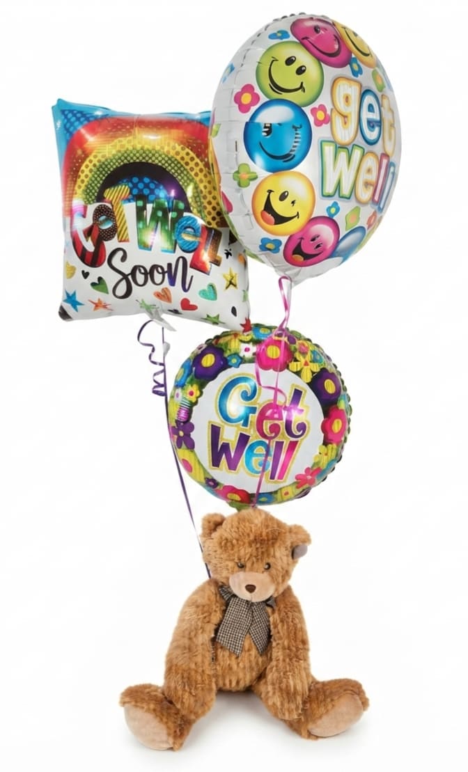 Get Well Mylar Balloon Bouquet &amp; Bear - A cuddly 18" plush teddy clutching three cheerful foil balloons makes an irresistible get-well gift that reads as pure comfort and encouragement. This get well bouquet &amp; bear is perfect for hospital visits or doorstep surprises when you want the person you're thinking of to smile - the printed "Get Well" and "Get Well Soon" messages and playful graphics deliver an unmistakable message of care.  The set includes an 18" seated plush teddy and three helium mylar balloons in mixed colors - bright rainbow hues, white, pink and yellow tones with smiley faces and upbeat lettering  tied with coordinating balloon ribbons. Because this is a balloon-forward gift rather than a floral arrangement, it's ideal for recipients who need a lighthearted pick-me-up; balloons and plush may vary slightly from pictured items due to availability, ensuring fresh, cheerful pieces every time.  Perfect for sending to someone recovering at home or in the hospital, this gift is the kind of surprise that makes the recipient feel seen, comforted and encouraged. 