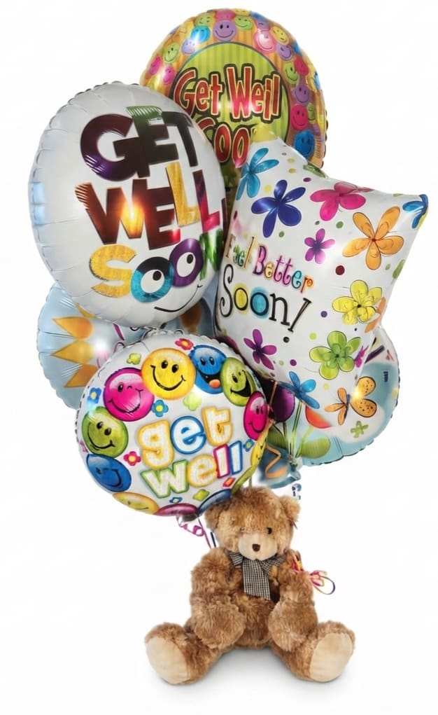 Get Well Wishes Balloons &amp; Bear Bouquet - Bright, cheerful foil balloons in mixed colors and pale blues send an upbeat get well message that feels both playful and sincere - perfect as a get well arrangement to lift spirits after surgery, during recovery, or when someone needs a little encouragement. The cluster includes six cheerful mylar balloons printed with supportive messages and smiley-face graphics that catch the eye from across a hospital room or bedside.  A soft 18" brown teddy bear nestles at the base to add comforting texture and warmth, creating a balanced gift of whimsy and care. Exact balloon designs and plush style may vary with availability, but each set is arranged to look full and festive.  This is the kind of present that makes the person you're thinking of feel noticed and cheered - ideal for visitors, care packages, or sending directly when you can't be there in person. 