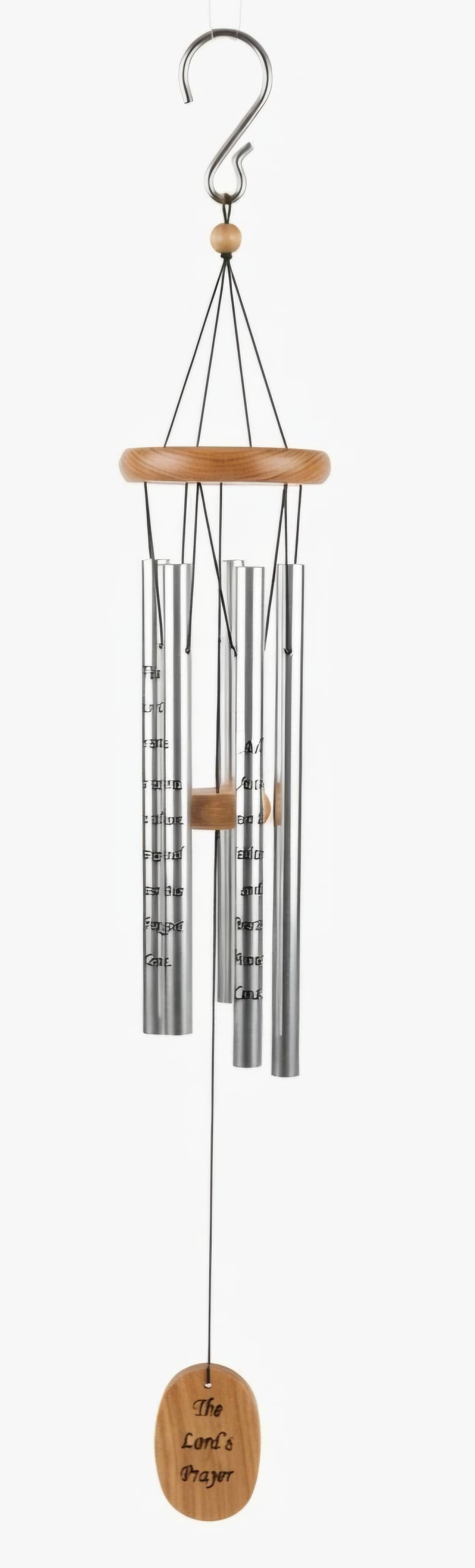 Metal wind chime with wooden accents and a hanging wooden tag