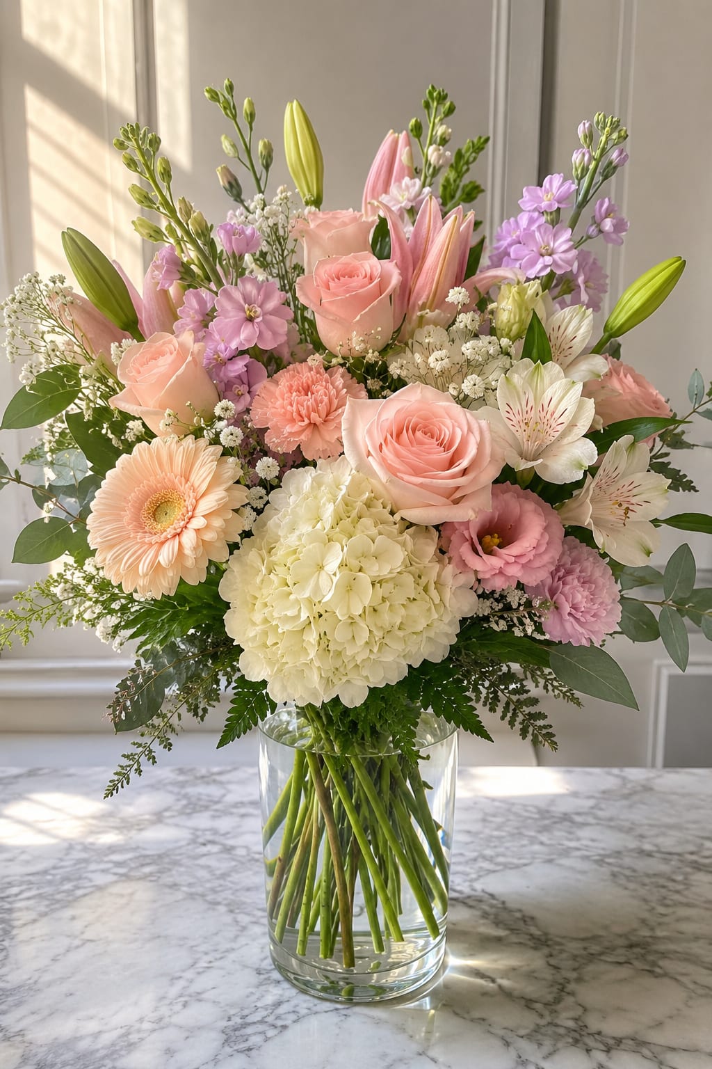 The Pastel Palette by Petal Perfection Flower Company - A soft, garden-fresh statement in blush pinks and lavender, this pastel flower arrangement is an elegant choice for a birthday bouquet, anniversary flowers, or a thoughtful thank-you gift. The rounded, airy composition reads romantic and effortless - the person you're thinking of will feel gently celebrated the moment the vase arrives.  Large roses and a pale hydrangea cluster anchor the center, surrounded by lilies, gerbera daisies, carnations, alstroemeria and delicate filler blooms in cream, soft peach, pink, purple and green accents. The mix creates varied texture and height while maintaining a balanced, garden-style shape, all presented in a clear glass vase that lets the stems show through for a fresh, natural look.  Perfect for birthdays, anniversaries, or any "just because" moment when you want someone to feel seen, this arrangement suits bedside tables, dining centers, or office desks. Standard sizing is a full, rounded bouquet appropriate for medium tables; to keep blooms at their best, refresh the water every 2-3 days and remove any spent flowers when they appear.