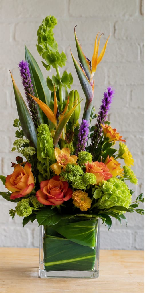Sun over Tampa Bay by Petal Perfection - Bold orange roses and soaring bird of paradise blooms create a sunlit tropical statement perfect for a birthday bouquet or cheerful celebration. This upright flower arrangement for celebratory gifting pairs vivid purple spiky flowers and bright yellow accents against a lush bed of green blooms and foliage, so the person you're thinking of will feel noticed and uplifted the moment it arrives.  Designed with strong vertical lines and a layered, dense base, the stems are arranged in a clear rectangular glass vase for a clean, modern finish that showcases each tropical stem. The mix of roses, tropical florals, and greenery stands tall and lively on mantels or entry tables; water every 2-3 days and trim stems as needed to keep the display fresh.