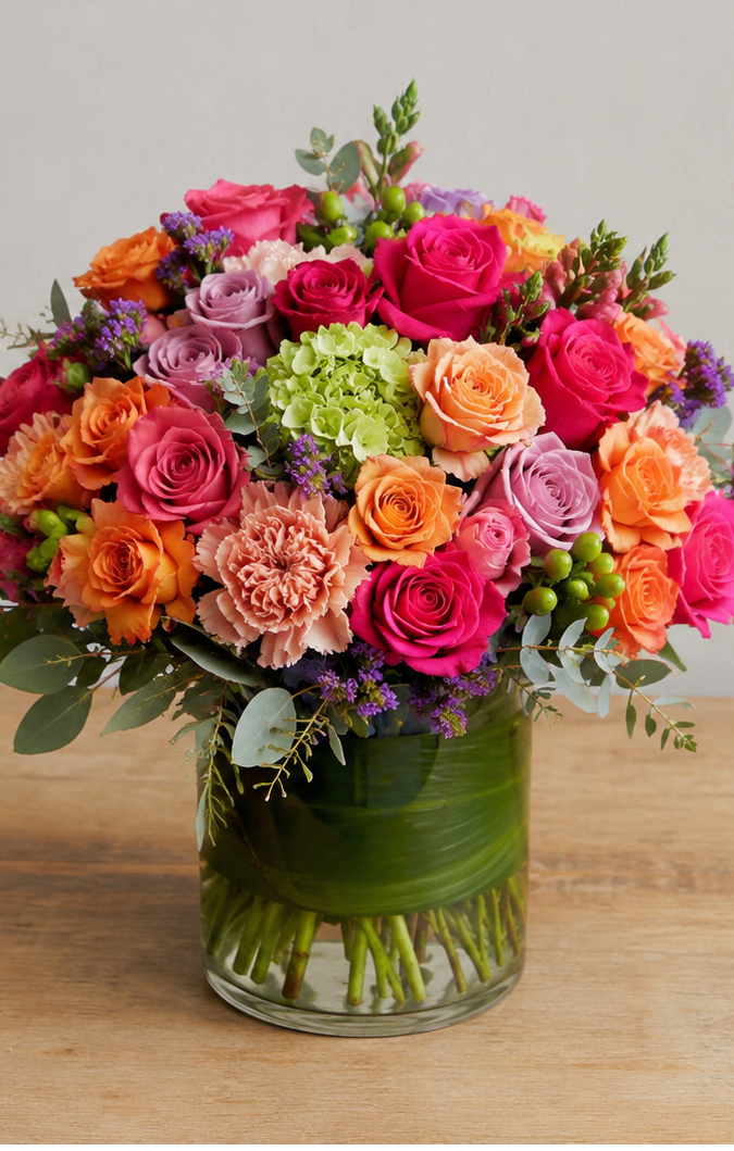 Jewel Of The Bay - A lush cluster of hot pink roses and a surprising green hydrangea create an immediate joyful impact-the kind of birthday bouquet or anniversary flowers that make the person you're thinking of feel celebrated. This rounded arrangement of roses, carnations, hydrangeas and other accent blooms is bright and garden-fresh, perfect for spring gifting or anytime you want to send cheerful congratulations.  Carefully arranged in a clear glass vase, the palette mixes hot pink, orange, lavender, peach and pale green for a vibrant, layered look. Roses dominate the composition while a large green hydrangea cluster and a peach carnation add texture and contrast; eucalyptus-like foliage and small berry accents soften the edges and give the design a full, natural feel. The compact, dense shape sits nicely on a dining table or desk and reads as both elegant and effusive.  Ideal for birthdays, anniversaries, or a "just because" celebration, this arrangement sends a message of warmth and delight that will brighten a room. Vase included-standard size fits most tabletops; refresh water every 2-3 days and trim stems slightly for longer vase life. Order with confidence to make someone feel truly seen on their special day.