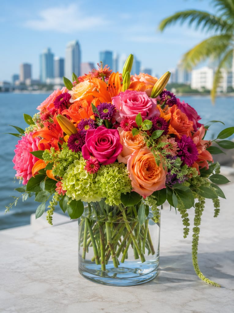 The Brilliance of Color - A vivid, tropical burst of color greets the recipient the moment they see this birthday bouquet-hot pink and peach roses and bright orange lilies combine with purple daisy-like blooms to create an arrangement that reads joyful and celebratory. Designed as a congratulatory or summer gift, this flower arrangement makes the person you're thinking of feel noticed and celebrated with a lively, upbeat palette.  This dense, rounded mix sits in a clear glass vase for a clean, modern presentation. Lime-green hydrangea and trailing green accents add contrast and texture while softening the bright hues; the combination of roses, lilies, chrysanthemums and complementary fillers gives the arrangement both sculpted form and playful movement. The color story-pink, orange, purple, and green-offers high visual impact from every angle.  Perfect for birthdays, congratulations, or a sunny pick-me-up, it's the kind of bouquet that brightens a kitchen table or office desk and announces a happy occasion. Arrange for delivery in time for the celebration; to keep blooms looking fresh, trim stems and change the water every couple of days and place away from direct heat.