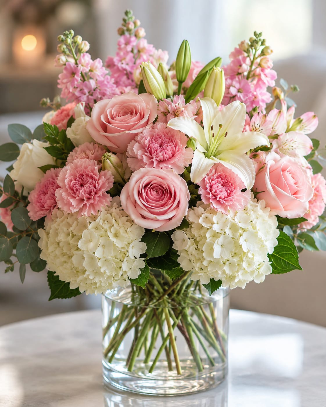 You're Always on My Mind - Soft pink roses and airy white lilies combine with ruffled carnations and cloud-like hydrangea for a romantic flower arrangement perfect for an anniversary bouquet or a sympathy arrangement that comforts. You're Always on My Mind opens with a gentle, sentimental palette-soft pinks, crisp whites and fresh greens-that reads as thoughtful and timeless; the person you're thinking of will feel quietly celebrated and truly seen.  This full, rounded design sits in a clear glass vase with visible stems for a classic florist presentation. The mix includes pink roses, pink spire accents, white lilies, white hydrangea clusters and pink carnations arranged for height, texture and balance. The overall size is lush without being fussy, making it an easy centerpiece for a dining table or a bedside surprise.  Send this arrangement to mark a milestone, say "I'm thinking of you," or bring gentle comfort after a loss-it's the kind of bouquet that reads as both celebratory and consoling. Arrives ready to display in the included clear glass vase; change the water every 2-3 days, trim stems slightly at an angle, and keep out of direct heat to extend freshness.