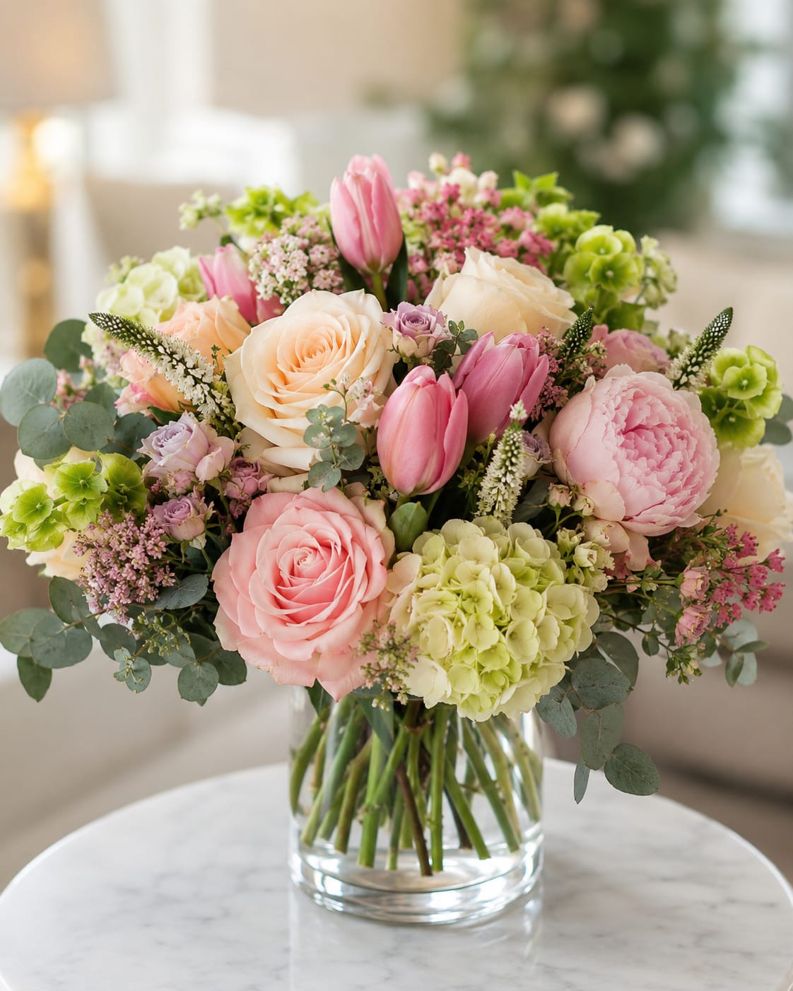 European Pink Floral Embrace  - Soft blush and cream roses paired with pink tulips create a romantic centerpiece perfect for an anniversary bouquet, Mother's Day gift, or wedding table arrangement. The European Pink Floral Embrace arrangement presents a full, rounded silhouette that makes the recipient feel cherished-its pastel palette and delicate lavender accents read as both refined and heartfelt for sentimental occasions.  This arrangement features blush and cream roses, pink tulips, pale green hydrangeas, and small lavender filler flowers, artfully arranged with airy eucalyptus and other textural greenery in a clear glass vase. The composition is lush but breathable, with soft pinks, whites, greens, and a hint of purple blending for a fresh, elegant look that complements classic or modern décor.  Made to make someone feel truly seen, this bouquet suits a mother, spouse, or close friend celebrating a milestone or simply deserving of a thoughtful surprise. Arrives ready to display in its clear glass vase; for longest enjoyment, refresh the water every couple of days and trim stems slightly when re-cutting to extend vase life.