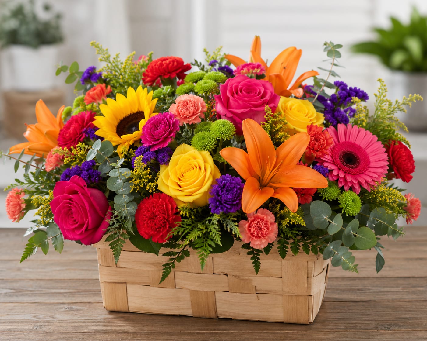 The Flower Basket By Petal Perfection - A sunlit burst of color-this low, woven basket arrangement is packed with hot pink roses, orange lilies, a single bold sunflower, and a large gerbera daisy to create an instant smile. Ideal as a birthday bouquet, a congratulations gift, or a cheerful "just because" surprise, the mixed-flower presentation reads celebratory and heartfelt so the person you're thinking of feels truly seen and brightened.  Tightly arranged in a rustic woven basket, the design layers medium pink and red roses with orange lilies, yellow sunflowers, purple chrysanthemums, and clusters of carnations and filler blooms for rich texture and depth. The palette of pink, orange, yellow and purple keeps the focus joyful and warm; the low, dense silhouette sits nicely on tabletops or sideboards and arrives ready to display without extra arranging.  Perfect for sending to friends, colleagues, or family when you want to mark a happy moment, offer thanks, or lift someone's spirits. Size and care: this basket is designed to be compact and long-lasting-keep flowers in a cool spot away from direct sunlight, refresh the water if a liner is used, and remove any wilting foliage to extend enjoyment.