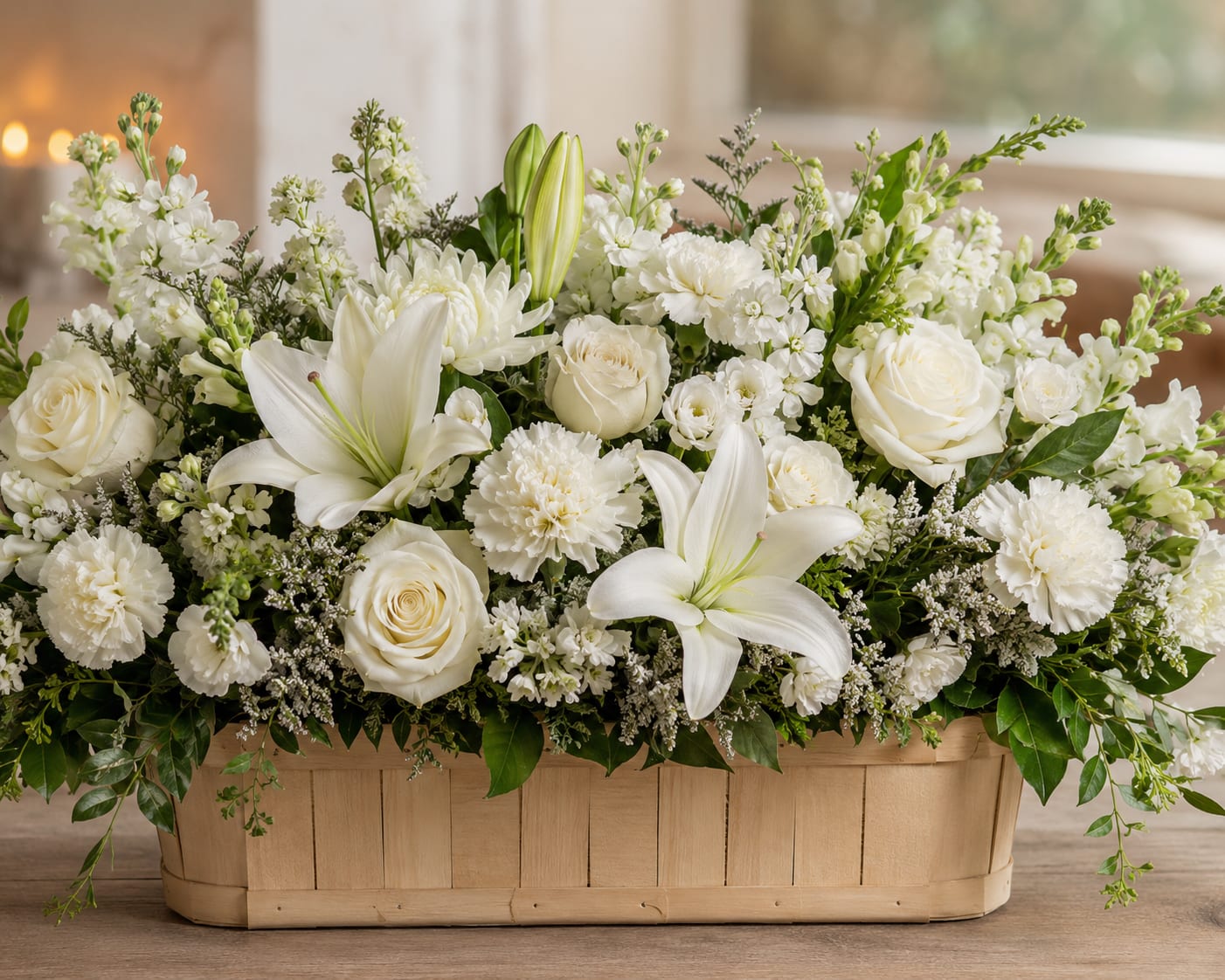 Innocence Perfected  - A serene all-white centerpiece that reads as calm and carefully composed, this flower arrangement is perfect for a wedding table or a sympathy setting where quiet elegance matters. Innocence Perfected is a rectangular basket arrangement designed to sit low and broad, so the person you're honoring will be seen while the flowers gently set the tone-sincere, refined, and thoughtfully understated.  Dense clusters of white roses, lilies, carnations, and snapdragons form the lush surface, softened by green foliage and unopened lily buds that add texture and promise. The horizontal, low profile in a rectangular basket creates a formal centerpiece feel that fits a service, reception table, or a home memorial. Sized to lay flat rather than tower, it offers a long, graceful presence that complements dining tables, casket tops, or altar spaces with minimal fuss.  Choose this arrangement when you want to convey respect, sympathy, or the quiet joy of a wedding vow-it's the kind of gift that helps the recipient feel seen and comforted. Made to arrive ready to display, keep flowers fresh by placing them in a cool spot away from direct sunlight and replenishing water as needed.