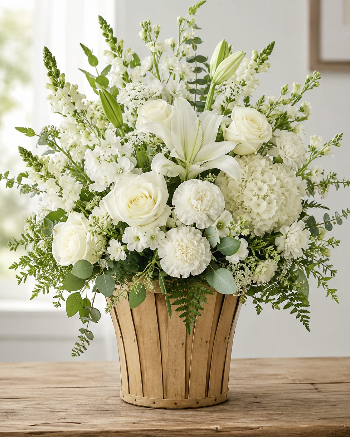 Ellenton's Elegant Country Side - A soft, serene centerpiece of white roses, lilies, carnations and clustered blooms arranged in a rustic wooden basket - perfect as a sympathy arrangement or for a refined wedding display. The airy, layered silhouette with tall snapdragon spikes and arching stems rising above a dense center creates an elegant, calming presence that will make the recipient feel gently supported and seen.  This full, rounded composition pairs pure white flowers with mixed greenery for subtle contrast and texture; hydrangea-like clusters add volume while the roses and lilies give classic form and fragrance. The wooden basket lends a country-side charm and natural warmth that keeps the look approachable yet formal. Sized to sit beautifully on a reception table or beside a loved one's chair, it arrives ready to display with minimal fuss.  Thoughtfully suited for sympathy, a tasteful wedding accent, or any moment that calls for quiet elegance, this arrangement communicates comfort and respect. Standard care-fresh water and a cool spot away from direct sun-will help blooms last; please specify delivery details at checkout for timely placement.