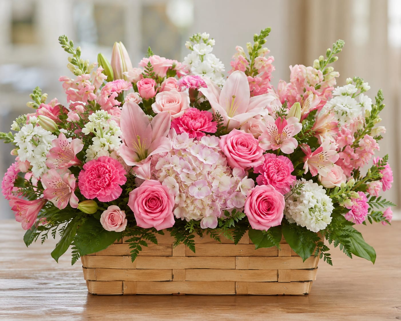 All The Pretty Pink Posies  - Soft pastels and a rustic woven basket make this flower arrangement an ideal birthday bouquet, Mother's Day gift, or anniversary surprise that will make her feel truly cherished. The low, full basket design of this flower arrangement places pink and white roses, carnations, and alstroemeria at the forefront, while a central cluster of pale hydrangea and delicate lilies adds romantic volume and gentle movement.  Layers of texture-from the ruffled carnations to the waxy rose petals and the lacey hydrangea-create a lush, tactile mix in shades of pink, white, and green that reads both elegant and homey. Arranged in a hand-woven basket, it arrives ready to display on a table or entry console; the compact, low profile makes it a great choice when you want abundant blooms without a tall vase.  Perfect for celebrating a mom, a partner, or a close friend, this composition says "you're thought of" with soft, sentimental charm. Care is simple: keep the floral foam moist and out of direct heat, and the arrangement will stay fresh through the special day and beyond.