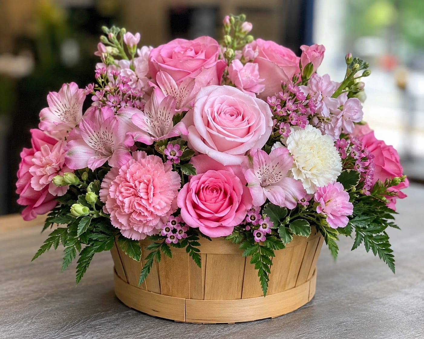 Blush Bliss - A lush cluster of soft pink roses and carnations arranged low in a woven wooden basket creates an instant impression of gentle romance-perfect as a birthday bouquet, anniversary flowers, or a spring gift that feels both celebratory and thoughtful. The rounded, slightly spilling composition reads as abundant and lived-in, the kind of arrangement that makes the person you're thinking of feel genuinely seen and cherished.  This blush-and-white arrangement mixes full-headed roses and ruffled carnations with small filler blooms and a few pale, subtly striped flowers for texture and visual interest. Set in a wooden basket, the design measures as a low, compact centerpiece-style bouquet that looks lovely on a table, dresser, or entry console; the soft greens provide fresh contrast to the pinks and whites for an overall airy, uplifting palette.  Ideal for marking an anniversary, saying "happy birthday," or simply brightening someone's day, this arrangement arrives ready to display-no vase required. To keep blooms fresh, replace water daily and recut stems when water is changed; for any special delivery requests, include notes at checkout to help us tailor the presentation.