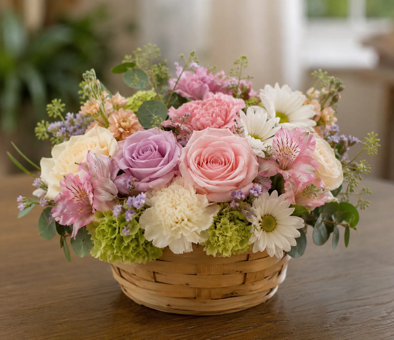 Parrish Prairie Garden  - Soft pink and lavender roses anchor this Parrish Prairie Garden flower arrangement, making it an ideal birthday bouquet, spring gift, or thank-you arrangement that reads as gentle celebration. The low, rounded design in a woven basket creates a garden-like presentation that will make the person you're thinking of feel both cherished and quietly celebrated-perfect for moms, friends, or anyone who loves a pastel palette.  This arrangement combines pink and lavender roses with cream carnations, white daisies, pink alstroemeria, and small purple filler blooms for texture, all arranged compactly in a natural woven basket. The mix of soft pinks, purples, whites, and fresh green foliage gives abundant, balanced volume and a soft, cheerful scent profile. Dimensions follow the low, rounded silhouette shown: a compact, tabletop-friendly size that fits on mantels or dining tables.  Send this when you want to brighten someone's day with a thoughtful, garden-inspired gift; it reads as both personal and festive without being over-the-top. Care is simple-place in fresh water, keep out of direct midday sun, and trim stems every few days to prolong vase life; suitable for spring occasions and any moment that calls for a tender, uplifting floral surprise.