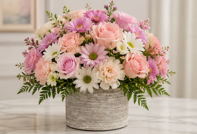 A Happy Day in Pink - Soft pink roses and ruffled peach carnations create an immediate breath of spring in this cheerful flower arrangement, perfect as a birthday bouquet or a sweet everyday gift. The rounded, abundant composition reads romantic and fresh-an ideal way to make someone feel seen and celebrated for anniversaries, Mother's Day, or just because.  This compact arrangement pairs blush roses with white and purple daisy-like blooms, textured carnations, and small filler sprigs for a layered, garden-fresh look. Housed in a low, textured round container, the design is symmetrical and full without being fussy; soft fern-like foliage frames the edges for a gentle, airy silhouette.  Send this to brighten a kitchen table, bedside, or office desk-the kind of arrangement that brings a smile when the recipient walks in the room. Available in one size, it arrives ready to display; refresh the flowers' water every other day and trim stems if needed to keep blooms looking their best.