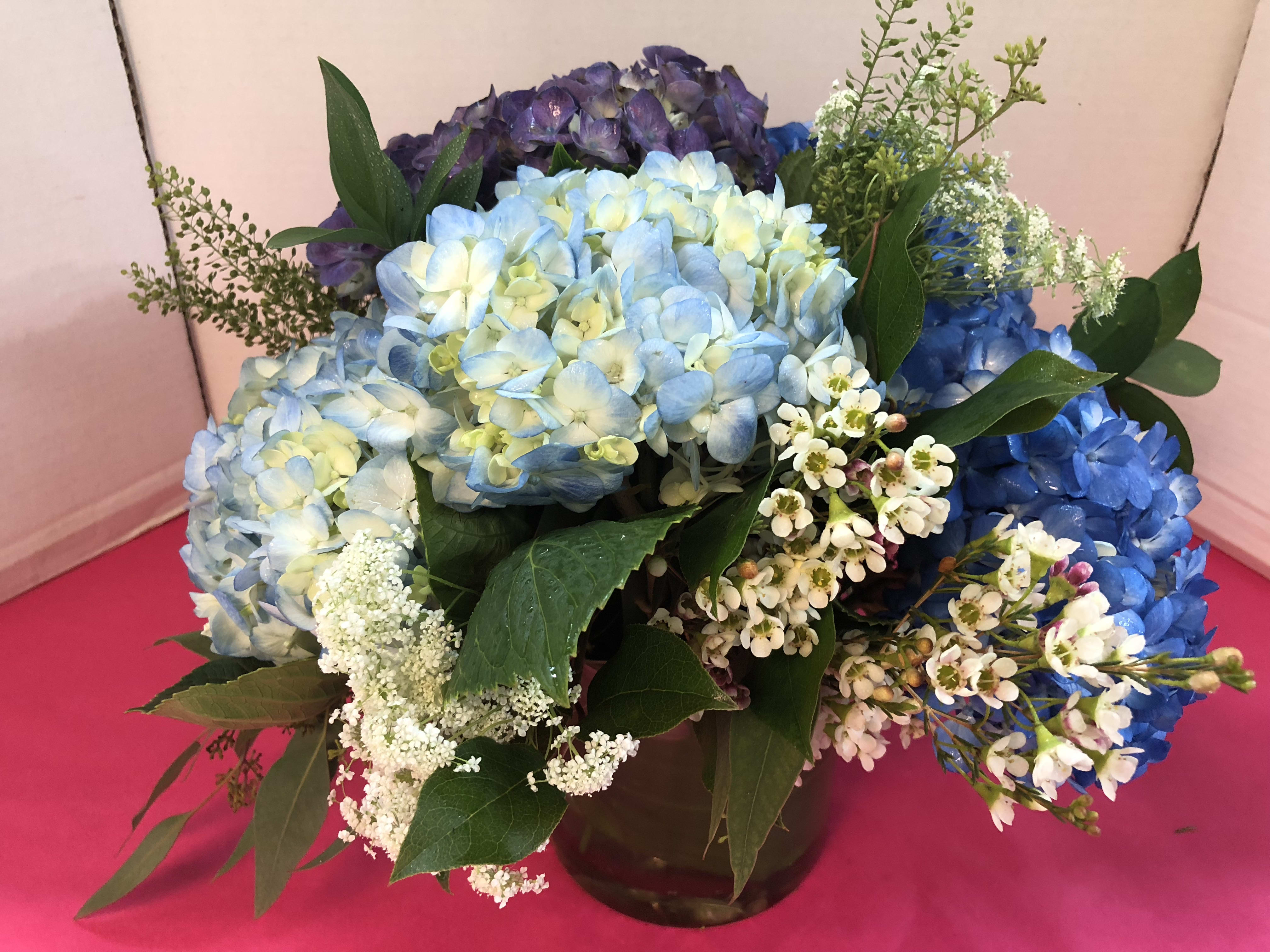 Blue and purple hydrangea bouquet with white filler flowers in a vase