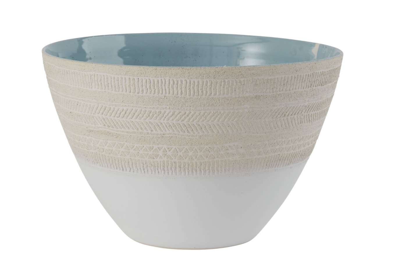 Textured white ceramic planter with a pale blue interior