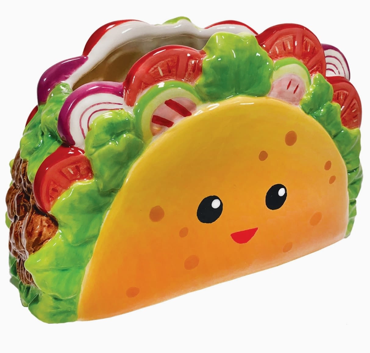 Taco-shaped decorative pillow with a smiling face