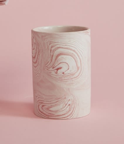 PINK MARBLE: FLORAL ARRANGEMENT - Lush mound of seasonal floral and greenery in our PINK MARBLE VASE.  Vase Dimensions: 4x5.75