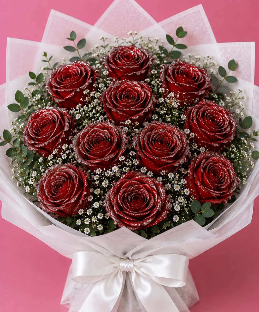 Bouquet of red roses with white filler flowers and a white ribbon wrap