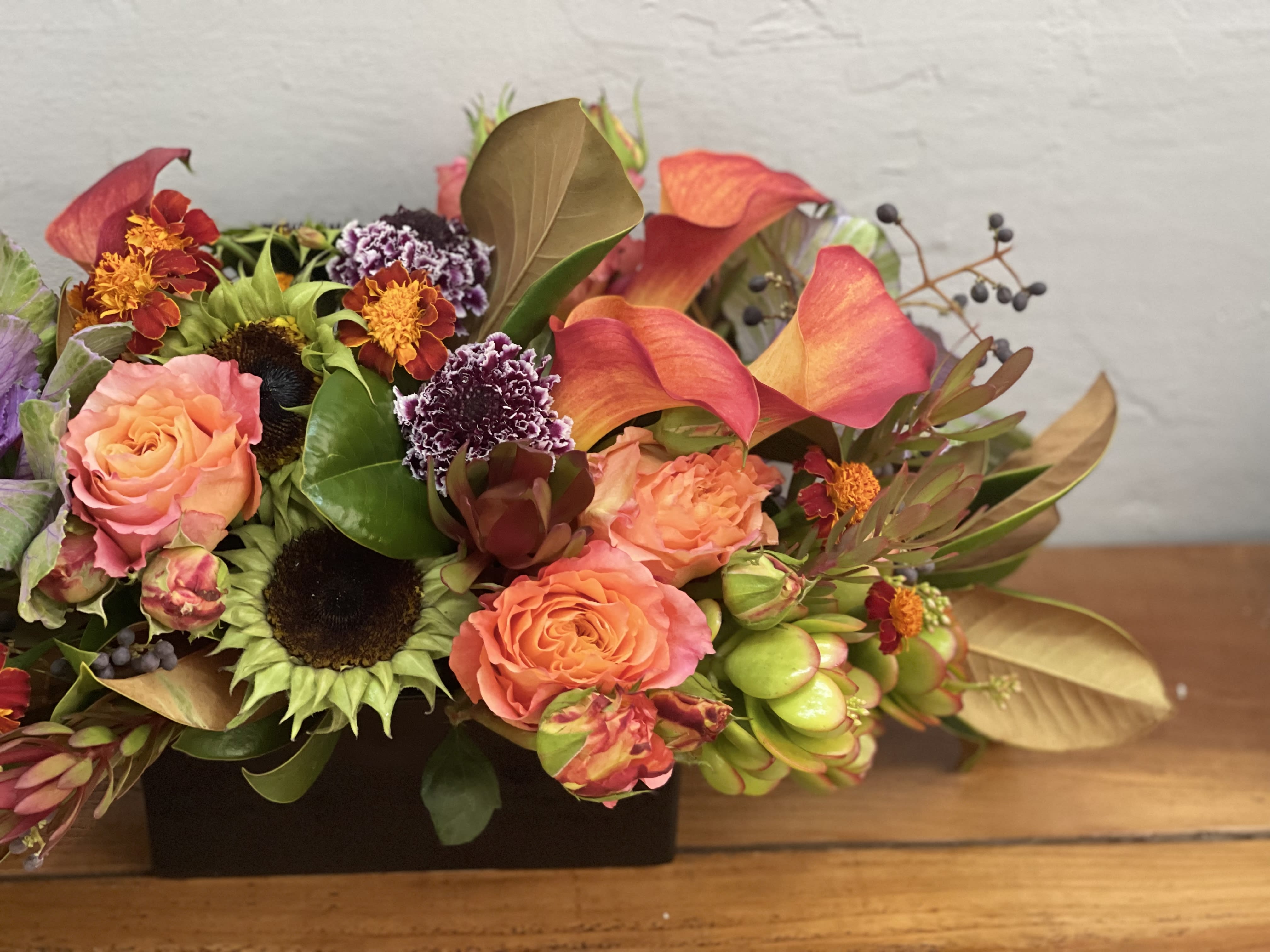 Sun Kissed Autumn - A gorgeous centerpiece with our Autumn favorites. Includes sun kissed Jade plant which can be planted. 
