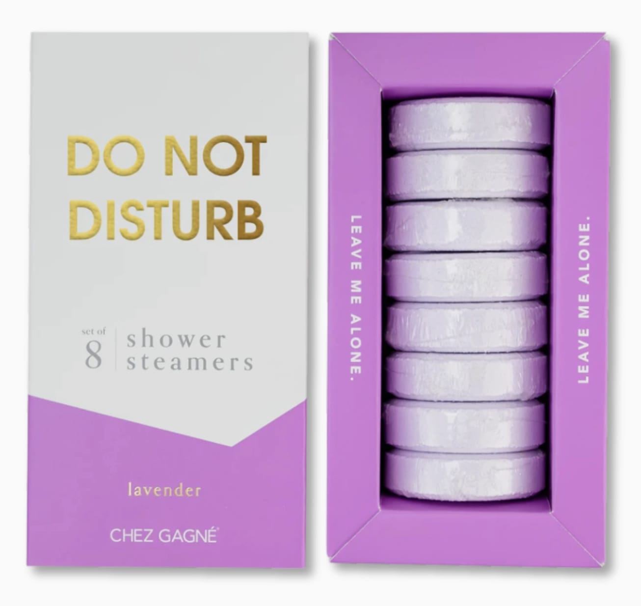 Aromatherapy Shower Steamers - Lavender (Do Not Disturb or Hot Mama) - The Do Not Disturb or Hot Mama Lavender Shower Steamers are your built-in bathroom boundary. Infused with essential oils, these steamers release the calming scent of lavender to help you hit pause, unwind and rescue every overworked, overtired, “I just need five minutes alone” mom on the planet.   Lavender order will be fulfilled with an in-stock box of either Do Not Disturb or Hot Mama.  • Set of 8 aromatherapy shower steamers • Made with essential oils + premium parfum • Box size: 6 x 3 x 2 in. • Made in the USA • Vegan + cruelty-free • No phthalates, no parabens, no sulfates