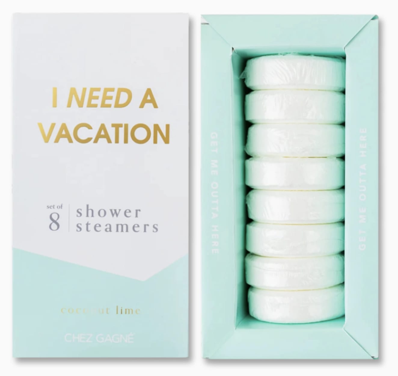Aromatherapy Shower Steamers - Coconut Lime - The I Need A Vacation Coconut Lime Shower Steamers bring the beach to your bathroom. Infused with essential oils, these steamers combine creamy coconut with zesty lime to turn an ordinary shower into a tropical escape. Perfect for gifting, self-care, or anyone craving a five-minute getaway, this vegan, cruelty-free set is made with clean ingredients in the USA and packaged in a bold, gift-ready box.