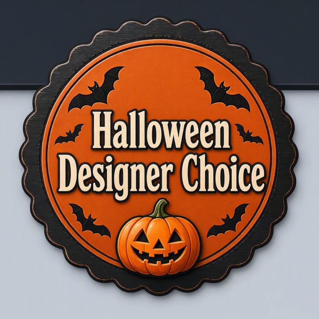 Round Halloween sign with bats and a jack-o'-lantern