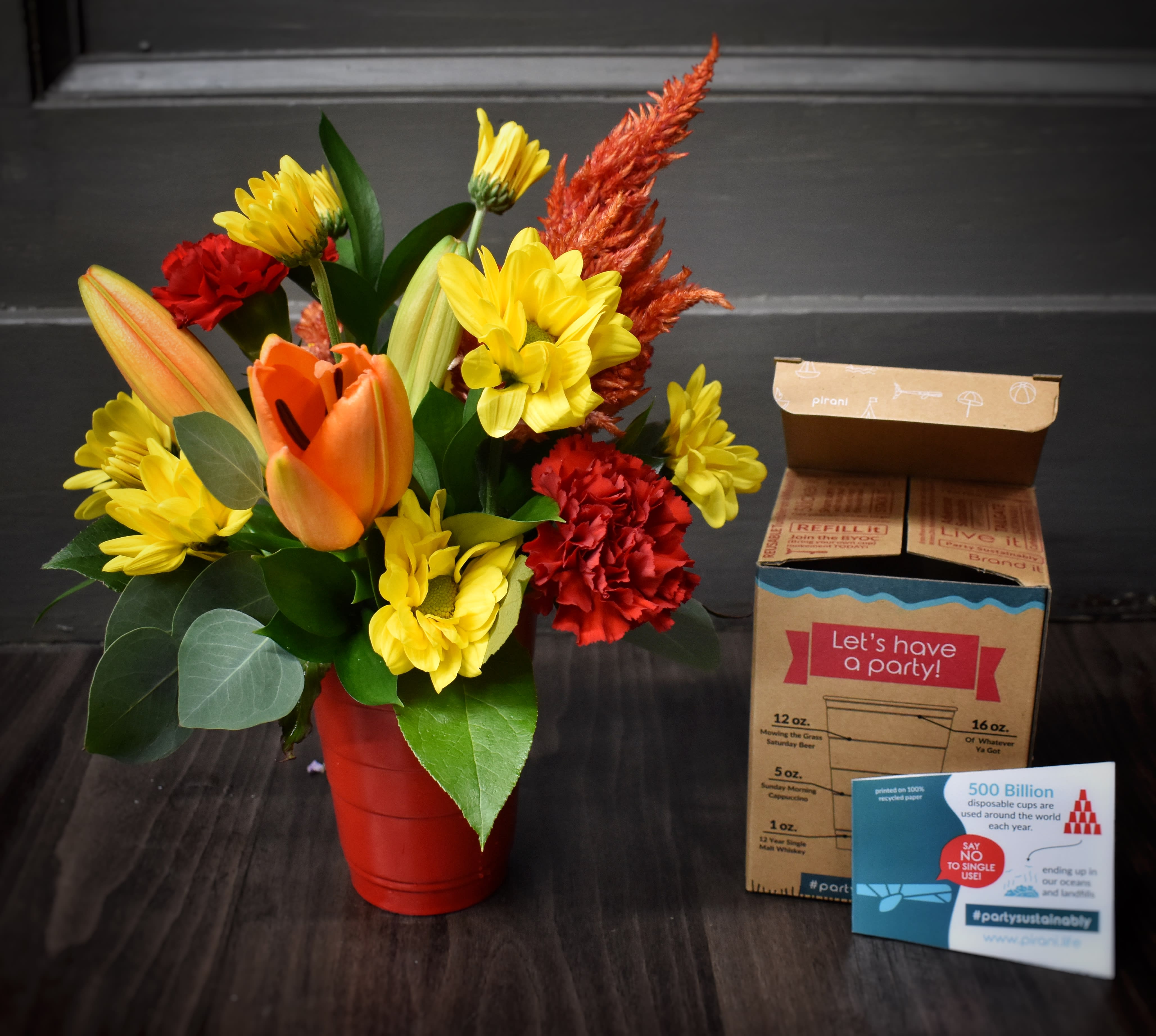 Proceed to Party! - This colorful bouquet of flowers is designed in "keep forever" sustainable party cup! Read more about the company Pirani- Party sustainably everywhere you go with this lightweight, pint-sized, stackable tumbler. Our Skinny-Wall Triple Insulation™ keeps your drinks hot up to 6 hours and cold for 12+ hours while you help eliminate the 500 billion single-use cups wasted around the world annually. Bring this easy-to-carry, stainless steel tumbler to your favorite game, coffee shop, concert, or wherever you choose to adventure! In the middle of summer or dead winter, your drinks are guaranteed perfect.
