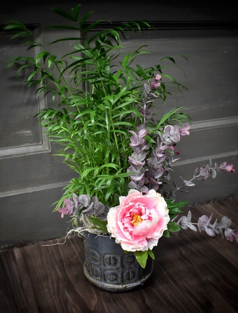 Pink peony in a decorative pot with tall green foliage