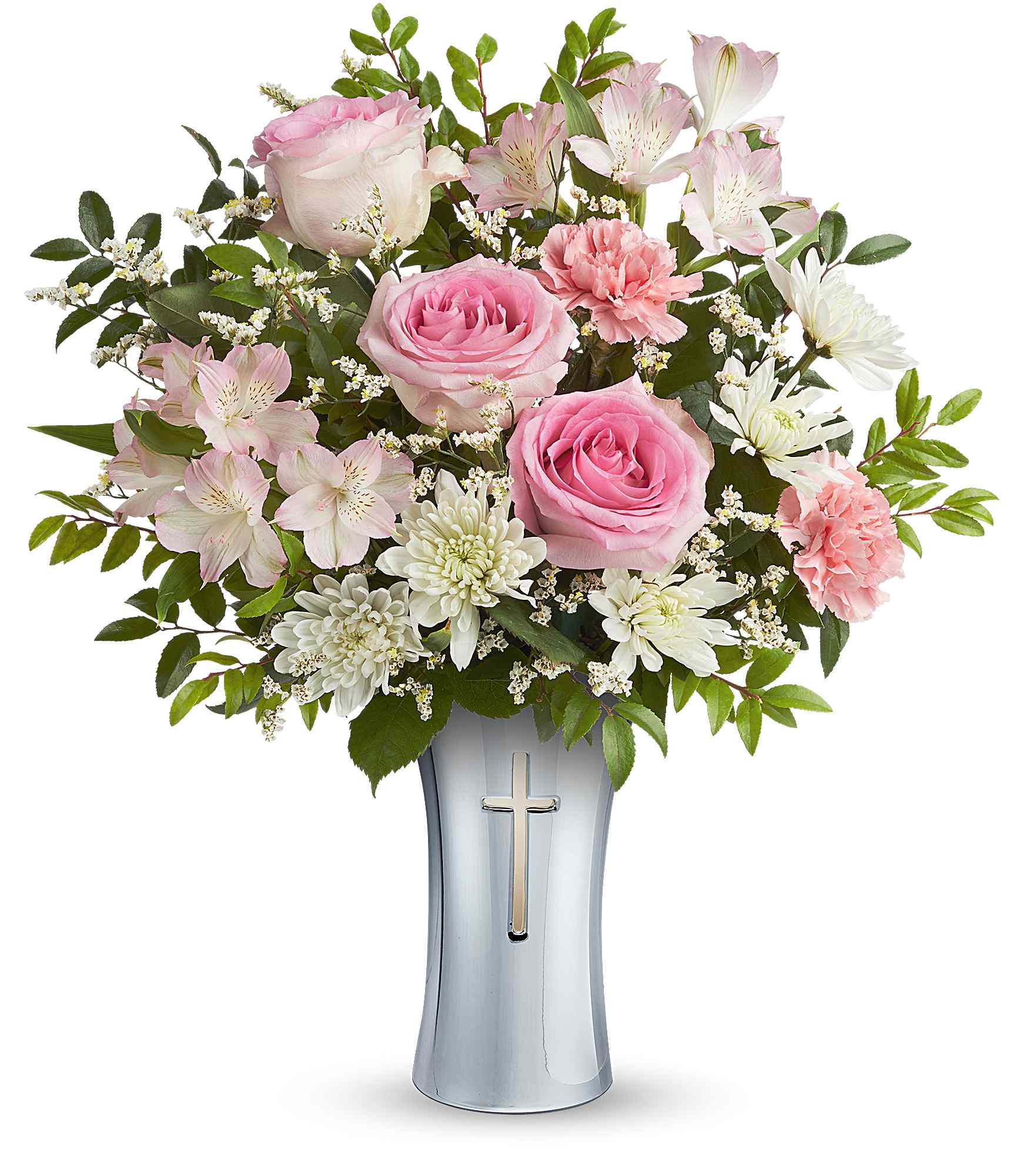 Teleflora's Loving Whisper Bouquet  - Soft and serene, this graceful bouquet of delicate pink and white blooms is a heartfelt expression of love and peace. Presented in Teleflora's Shining Cross Vase, a timeless silver-finished keepsake with an elegant cross cutout, this uplifting arrangement offers comfort and faith for years to come. This arrangement features pink roses, pink alstroemeria, pink carnations, white cushion spray chrysanthemums, white limonium, and huckleberry. Arranged in Teleflora's Shining Cross Vase, this elegant bouquet is a beautiful expression of love, peace, and remembrance.