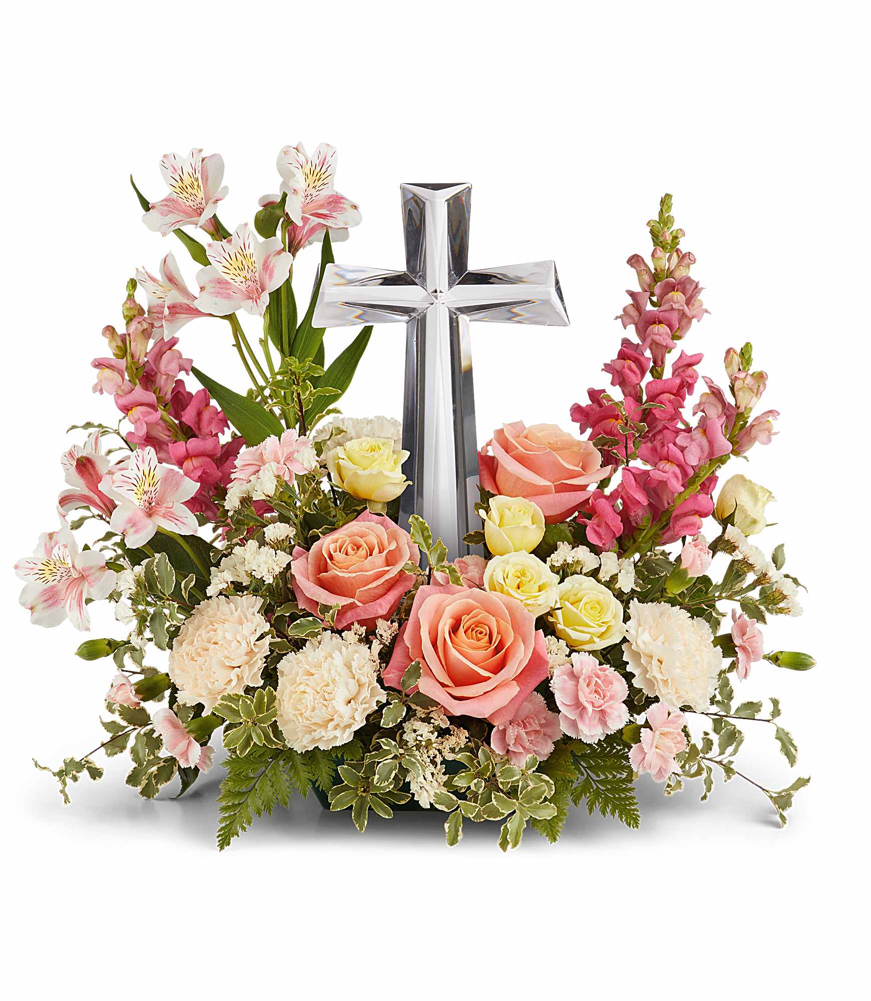 Teleflora's Grace &amp; Glory Bouquet - Celebrate faith and renewal with Teleflora's Grace &amp; Glory Bouquet, featuring soft coral roses, pink alstroemeria, and delicate blooms surrounding a radiant crystal cross-an inspiring symbol of peace and everlasting love. Teleflora's Grace &amp; Glory Bouquet includes coral roses, yellow spray roses, pink alstroemeria, crème carnations, pink miniature carnations, hot pink snapdragons, and white statice, accented with pitta negra and leatherleaf fern. Presented with a large crystal cross keepsake.