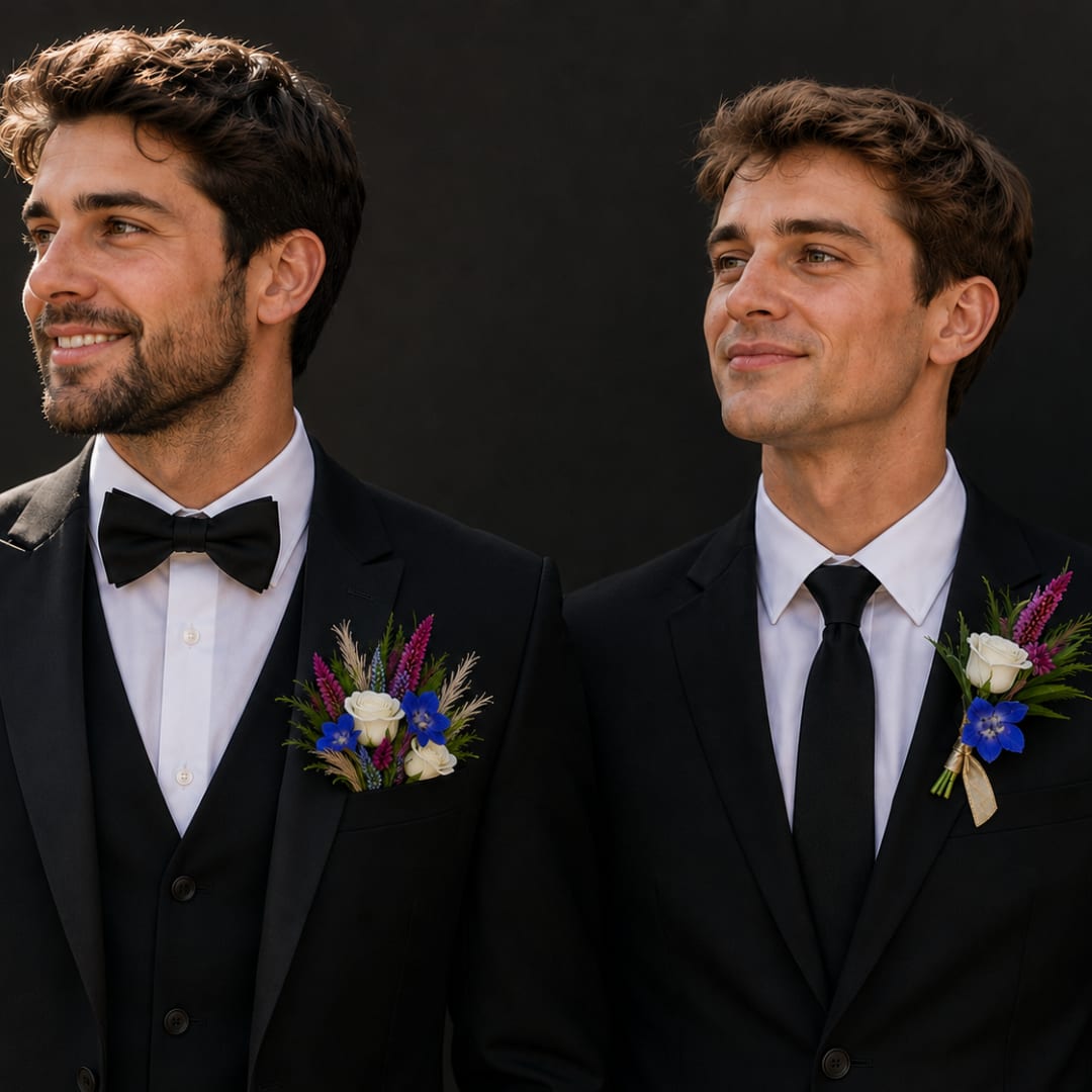 Two men in black suits wearing floral boutonnieres