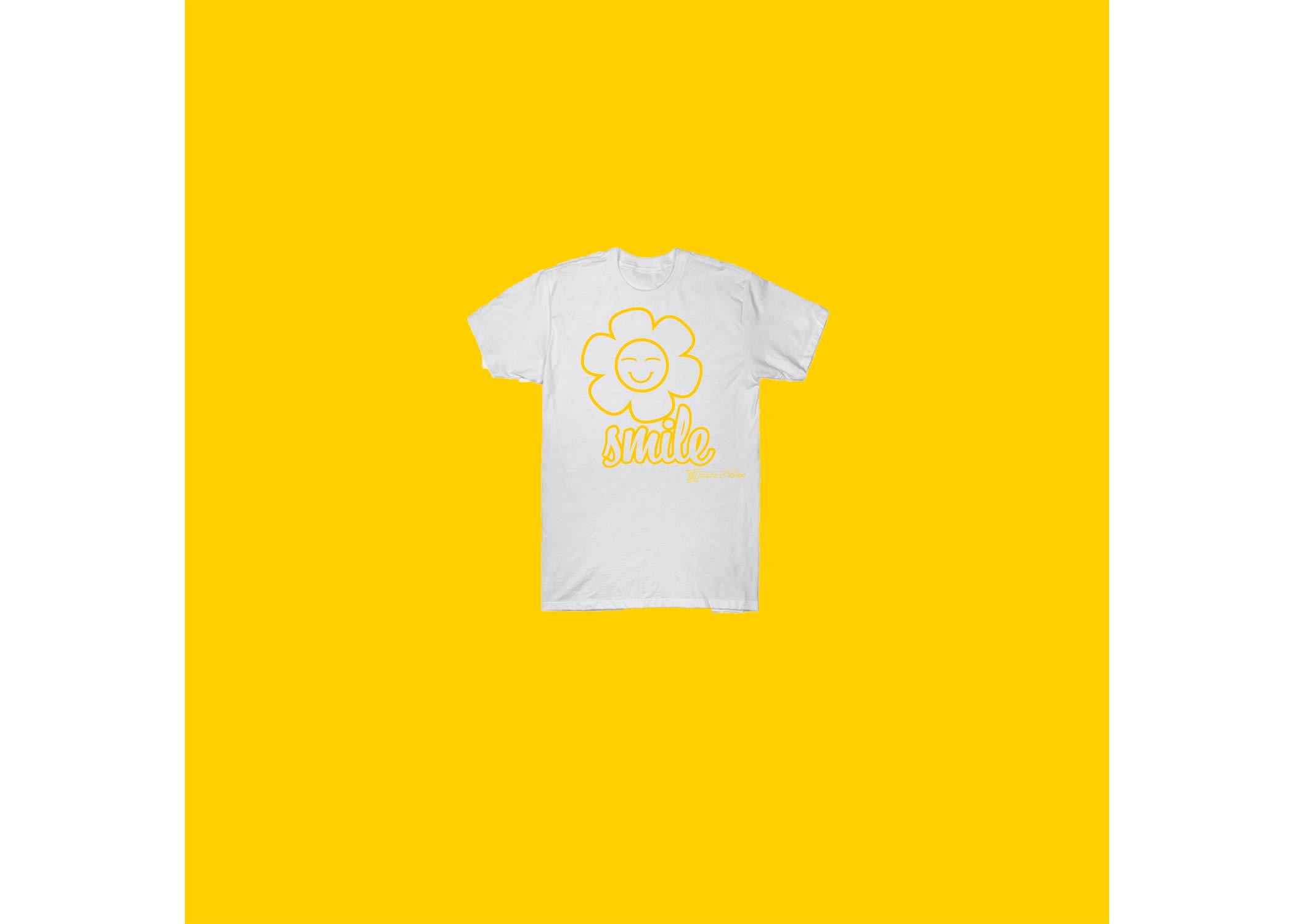 White T-shirt with a yellow flower smiley graphic