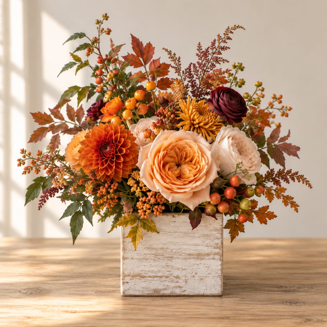 Autumn floral arrangement in a white wooden box with orange and peach blooms