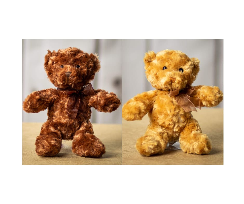 Two plush teddy bears with ribbon bows, one brown and one golden