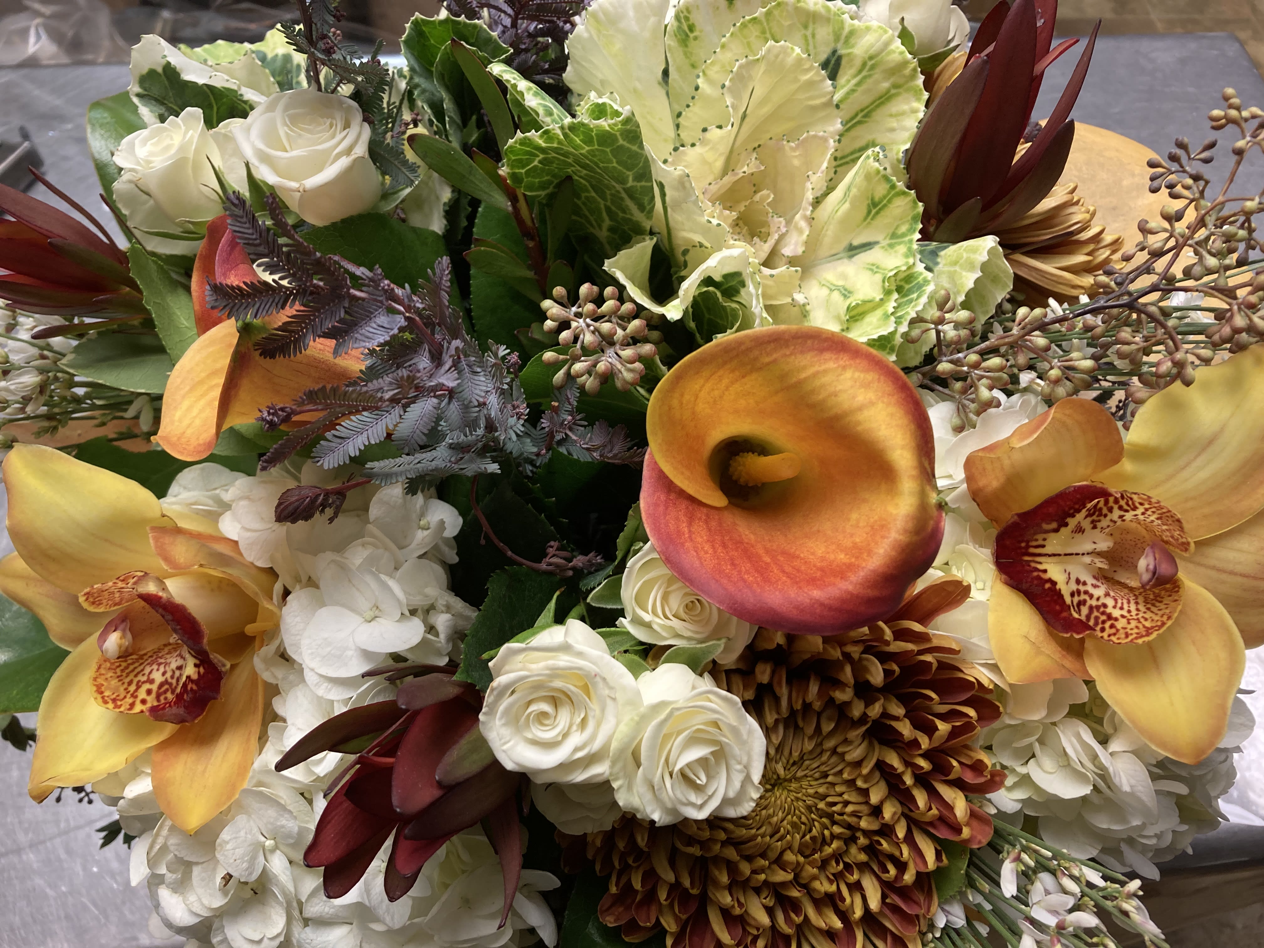 Fall is here: Cymbidium, Calla Lilies, &amp; berries - Beautiful fall collection prepared fresh to order in designer choice vessel