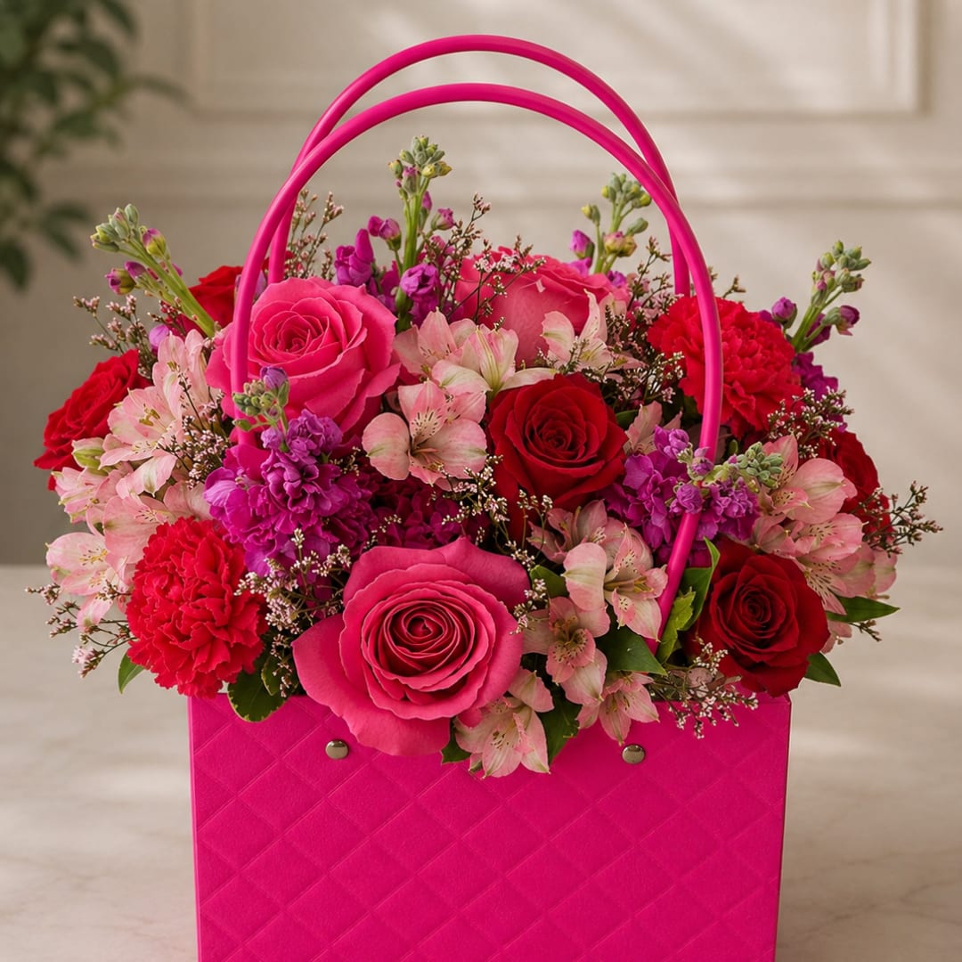 Pink handbag-style box filled with roses, carnations, and alstroemeria