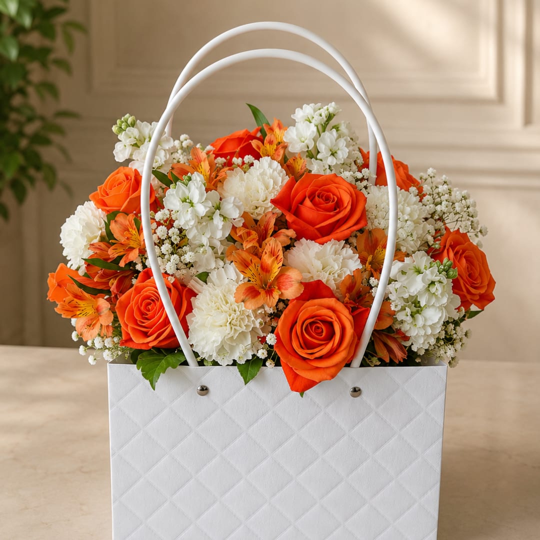 Orange and white flower arrangement in a white gift bag