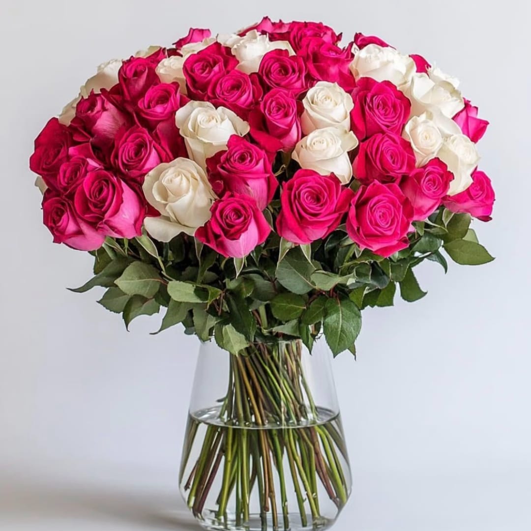 Bouquet of pink and white roses in a clear glass vase