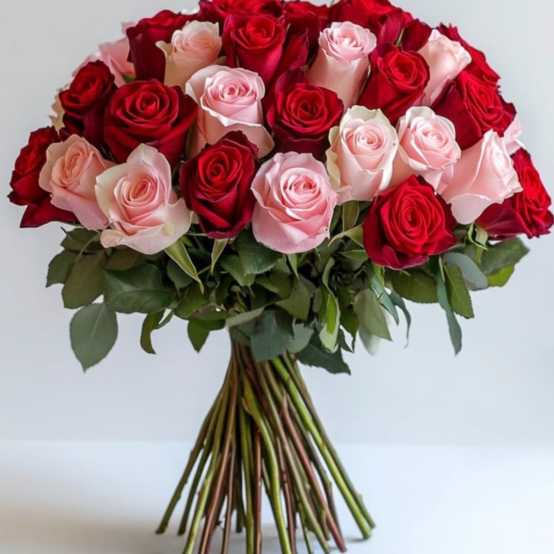 Bouquet of red and pink roses with long stems