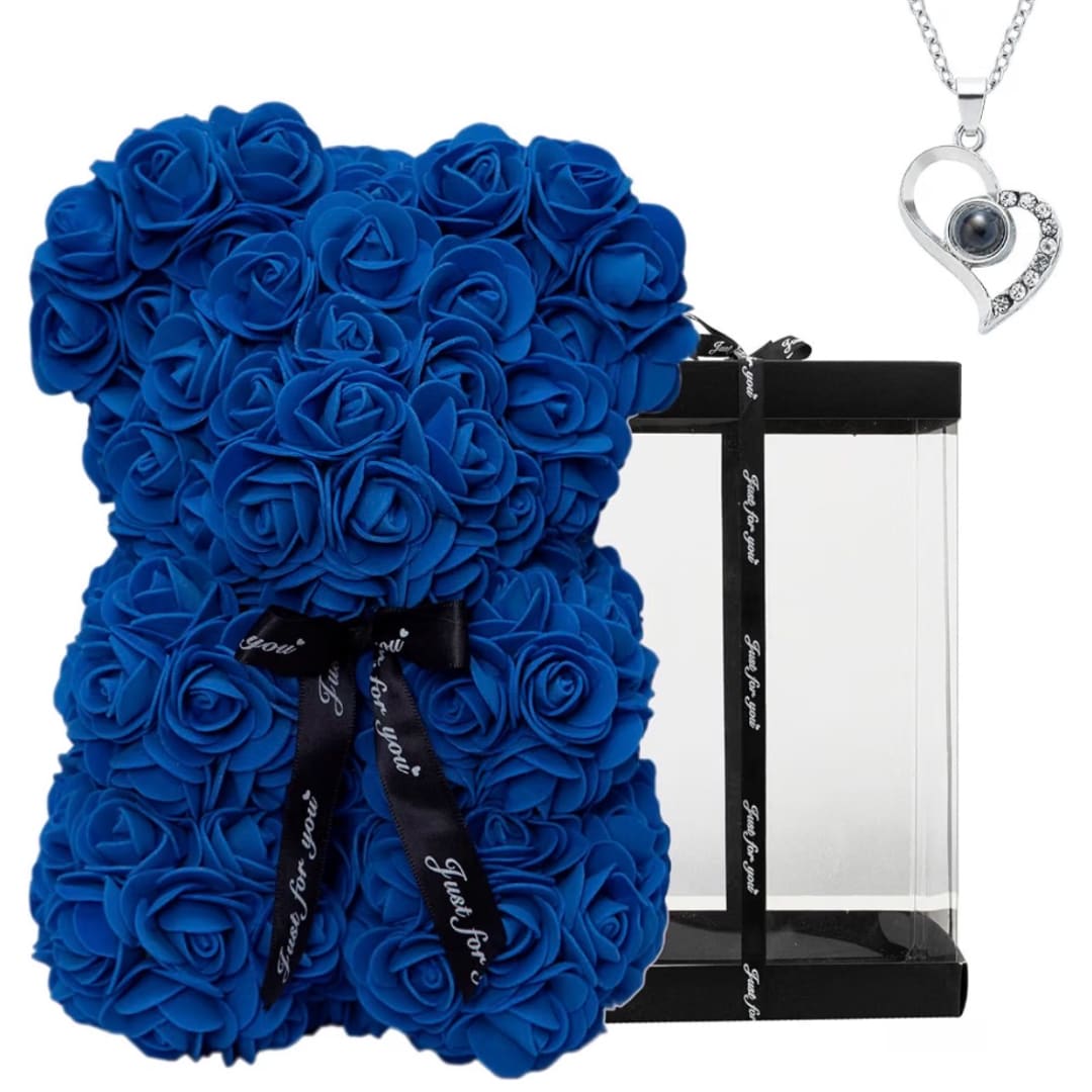 Blue rose teddy bear with a gift box and heart pendant necklace