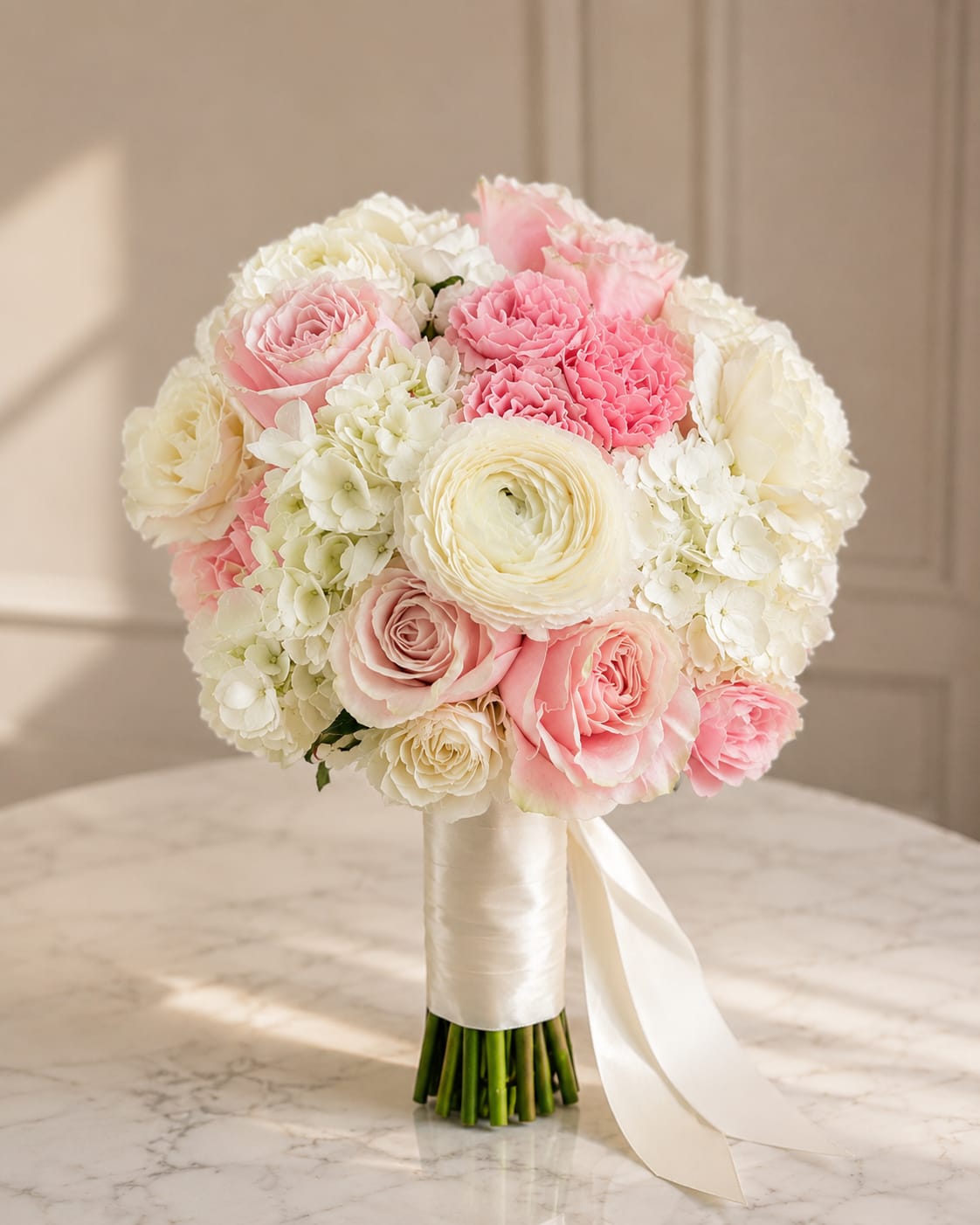 Pink and white bridal bouquet with roses, hydrangeas, and ranunculus tied with satin ribbon