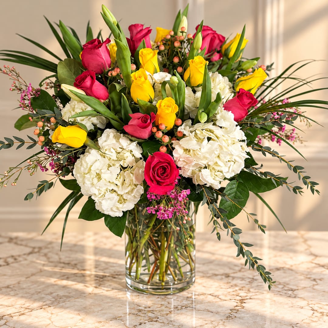 Bouquet of pink and yellow roses with white hydrangeas in a clear glass vase