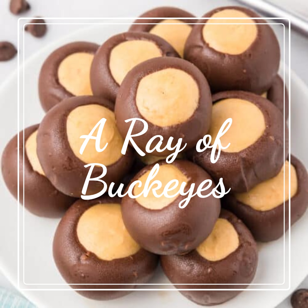 Plate of chocolate buckeyes with a white text overlay