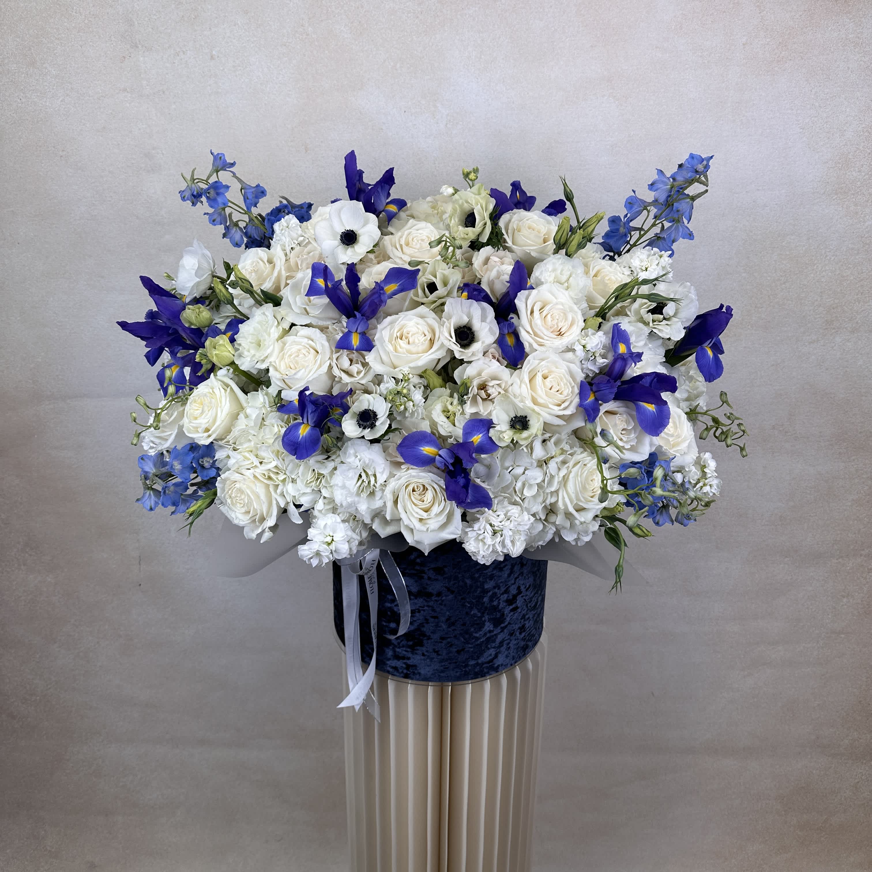 Verona P - This elegant arrangement in a luxurious blue velvet box features a stunning combination of crisp white roses, delicate anemones, and vibrant blue irises, creating a timeless display of beauty and grace. PREMIUM size is shown in the main picture.