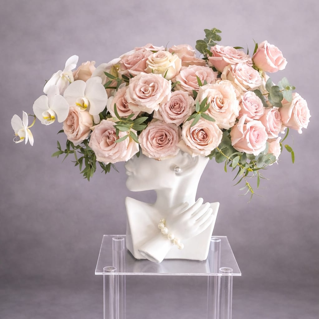 Elsa - The "Elsa" flower arrangement features elegant white calla lilies, orchids, and roses, beautifully arranged in a ceramic vase resembling a woman’s face. The artistic vase includes a sculpted hand gently touching her shoulder, with the flowers forming her luxurious "hair." This sophisticated design blends art and nature, evoking a sense of grace and femininity. Ideal for high-end decor or as a unique, thoughtful gift. 