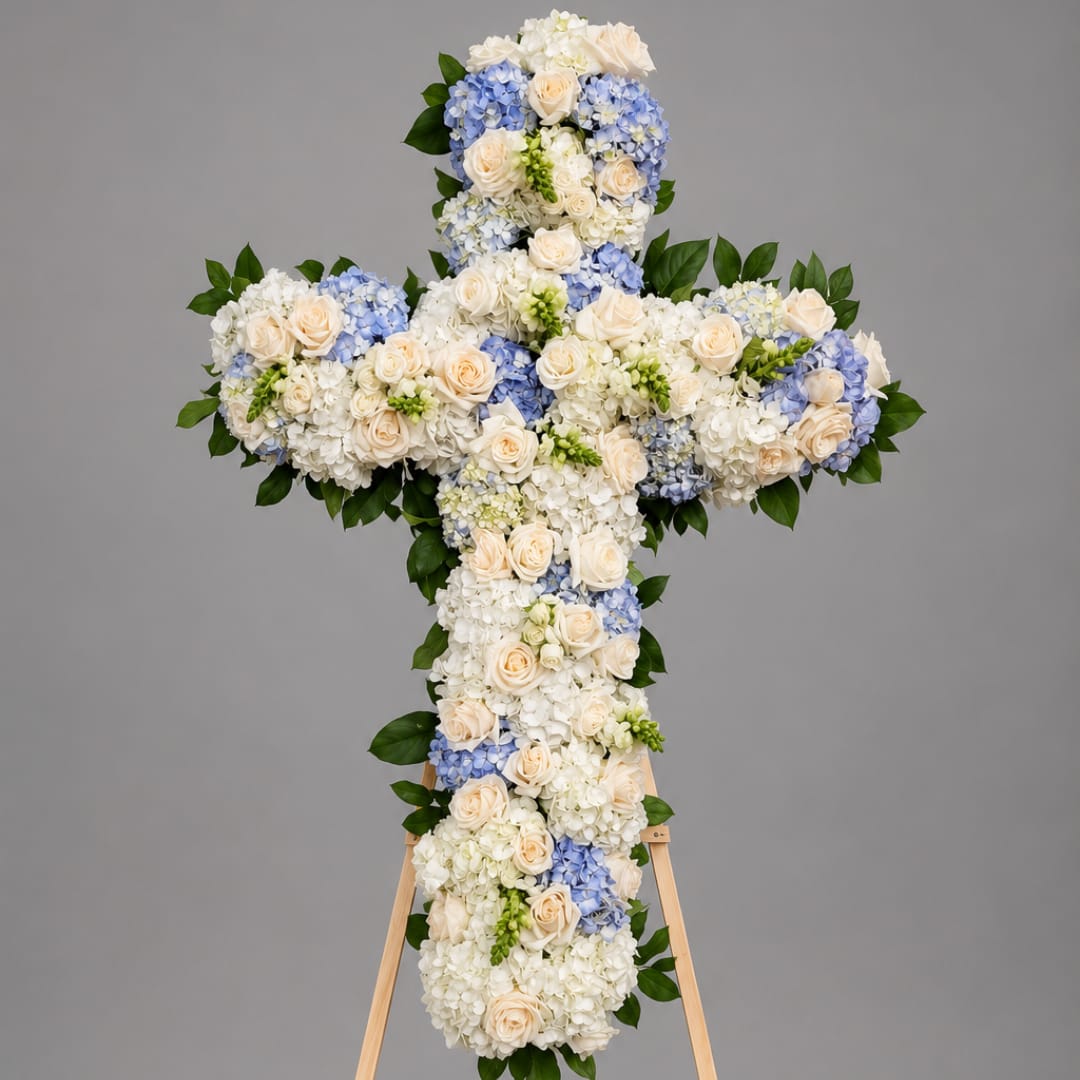 Cross-shaped floral arrangement with white, blue, and cream flowers on an easel
