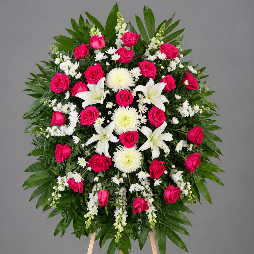 Standing floral spray with pink roses, white lilies, and white chrysanthemums