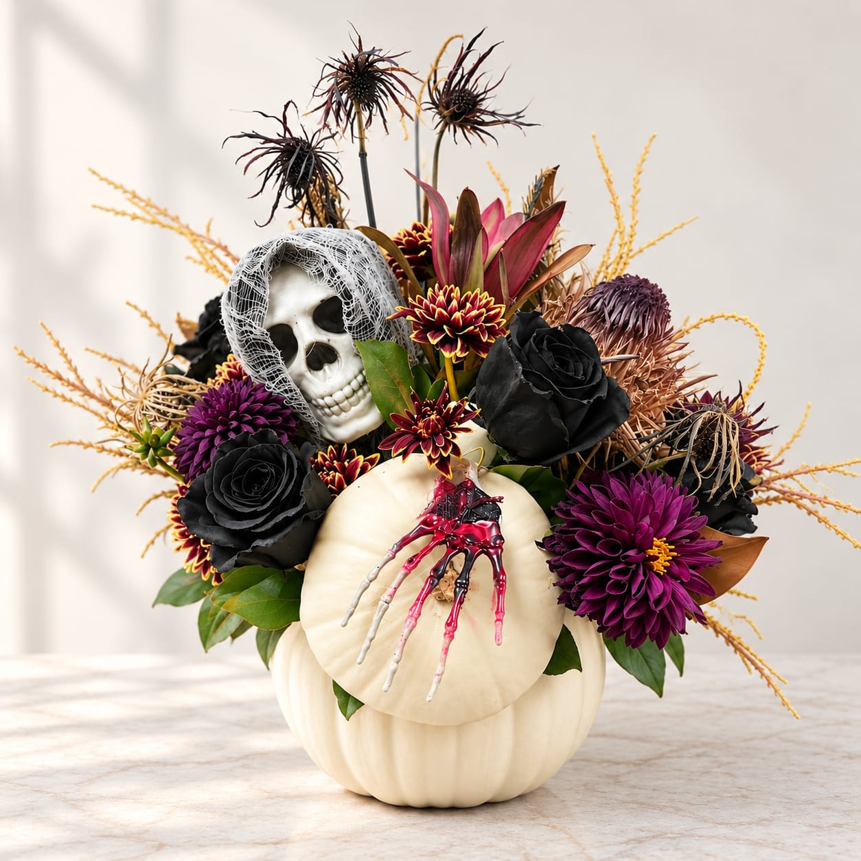 Halloween floral arrangement in a white pumpkin with a skull accent