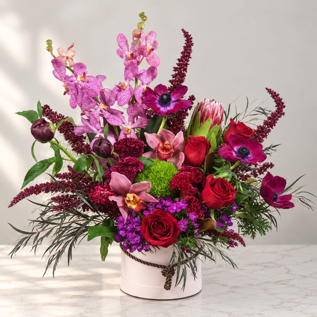 Mixed bouquet in a white round box with pink orchids and red roses